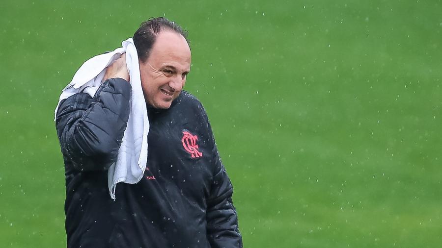 Rogério Ceni se seca com toalha debaixo de chuva durante partida do Flamengo. Técnico vem convivendo com pressão na Gávea - Pedro H. Tesch/AGIF