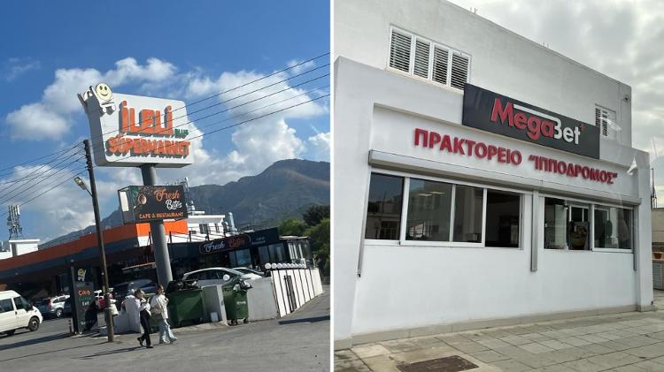 Ao lado direito um supermercado no lado turco do Chipre, e do lado direito uma casa de apostas no lado grego