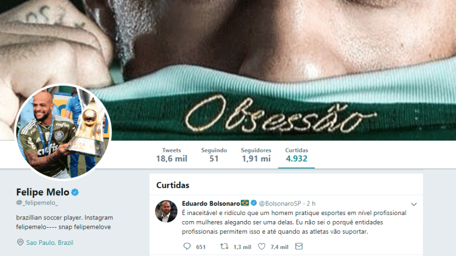 Felipe Melo curte tweet de Eduardo Bolsonaro sobre transexuais no esporte - reprodução/Twitter