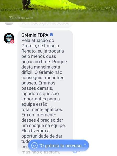 Print do perfil do Grêmio com postagem irritada pela atuação do time - Reprodução