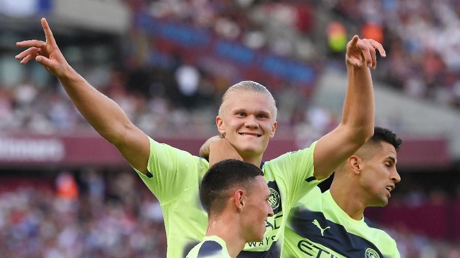 Erling Haaland comemora gol do Manchester City contra o West Ham - Mike Hewitt/Getty Images