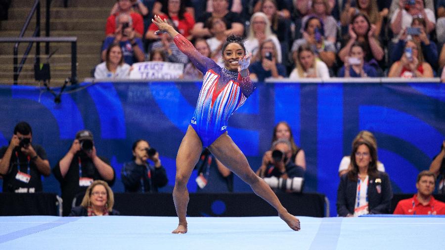 Simone Biles, ginasta dos Estados Unidos, durante seletiva para as Olimpíadas de Paris 2024