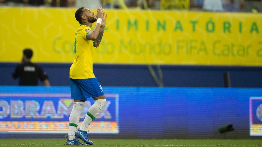 Neymar foi autor do primeiro gol da seleção brasileira no confronto contra o Uruguai pelas Eliminatórias da Copa do Mundo de 2022, na Arena Amazônia - 14/10/2021 - Lucas Figueiredo/CBF
