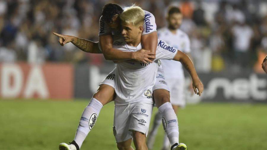 Soteldo em comemoração de gol do Santos contra o Botafogo - Ivan Storti/Santos FC