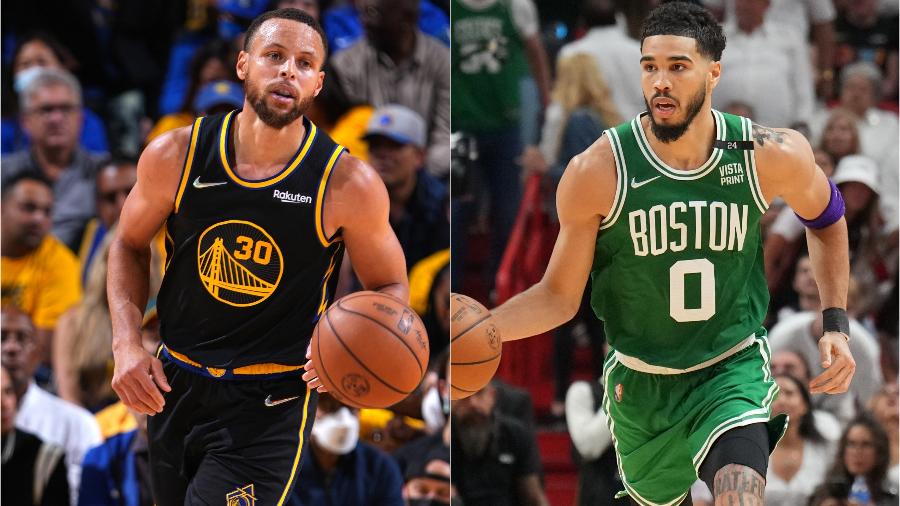 Stephen Curry e Jayson Tatum, antes da final da NBA - Garrett Ellwood/NBAE via Getty Images e Jesse D. Garrabrant/NBAE via Getty Images