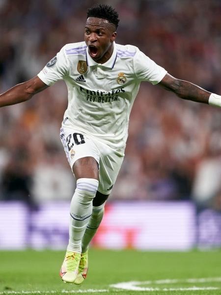 Vinicius Jr., do Real Madrid, comemora gol. - Mateo Villalba/Quality Sport Images/Getty Images