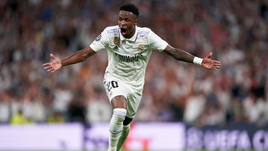 Vinicius Jr, do Real Madrid, comemora gol contra o Manchester City pela Liga dos Campeões - Mateo Villalba/Quality Sport Images/Getty Images