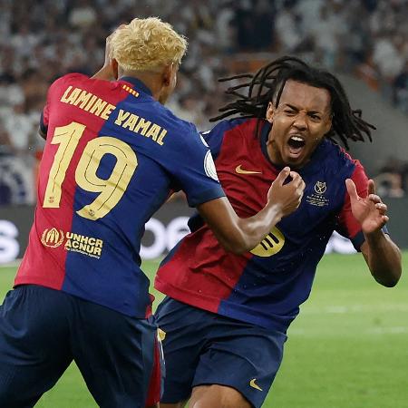 Koundé comemora gol marcado pelo Barcelona na final da Copa do Rei, contra o Real Madrid Koundé comemora gol marcado pelo Barcelona na final da Copa do Rei, contra o Real Madrid
