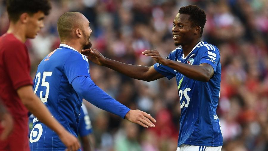 Habib Diallo comemora gol marcado pelo Strasbourg em amistoso contra o Liverpool no Anfield. 31/07/2022 - PETER POWELL/REUTERS