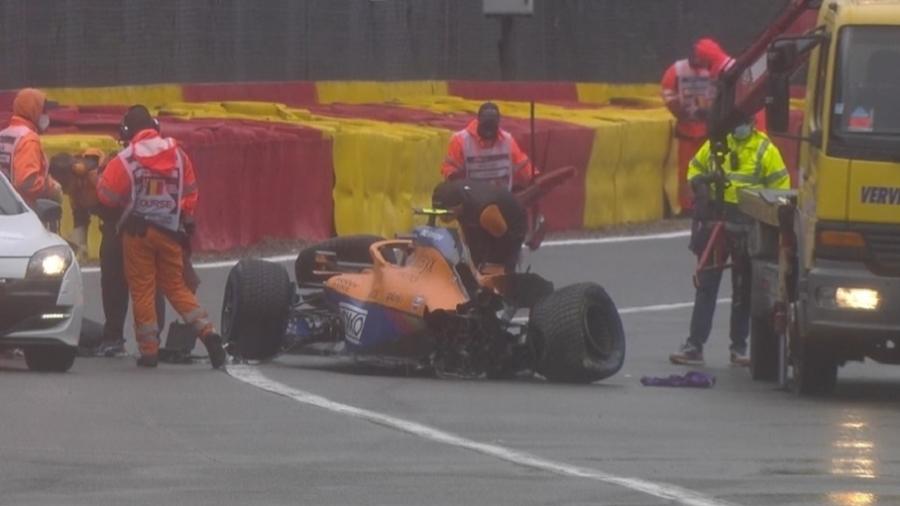 A McLaren de Lando Norris após o forte acidente na classificação para o GP da Bélgica  - Reprodução/F1TV