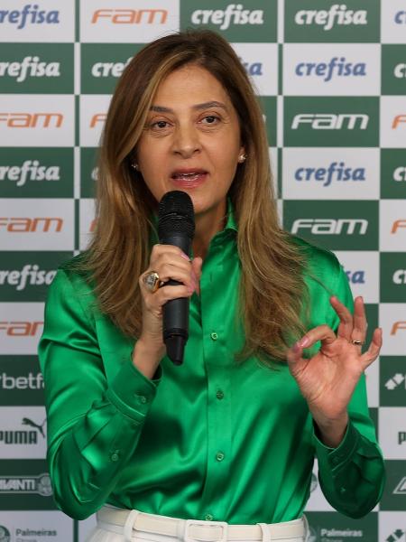 Leila Pereira, presidente do Palmeiras, durante apresentações de Merentiel e Flaco López - Cesar Greco