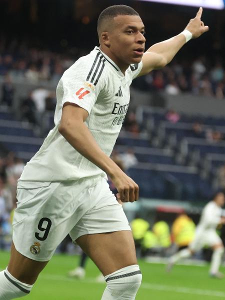Mbappé, do Real Madrid, comemora gol contra o Celta de Vigo pelo Espanhol Mbappé, do Real Madrid, comemora gol contra o Celta de Vigo pelo Espanhol