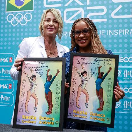 Rebeca Andrade e Nadia Comaneci durante COB Expo, em São Paulo