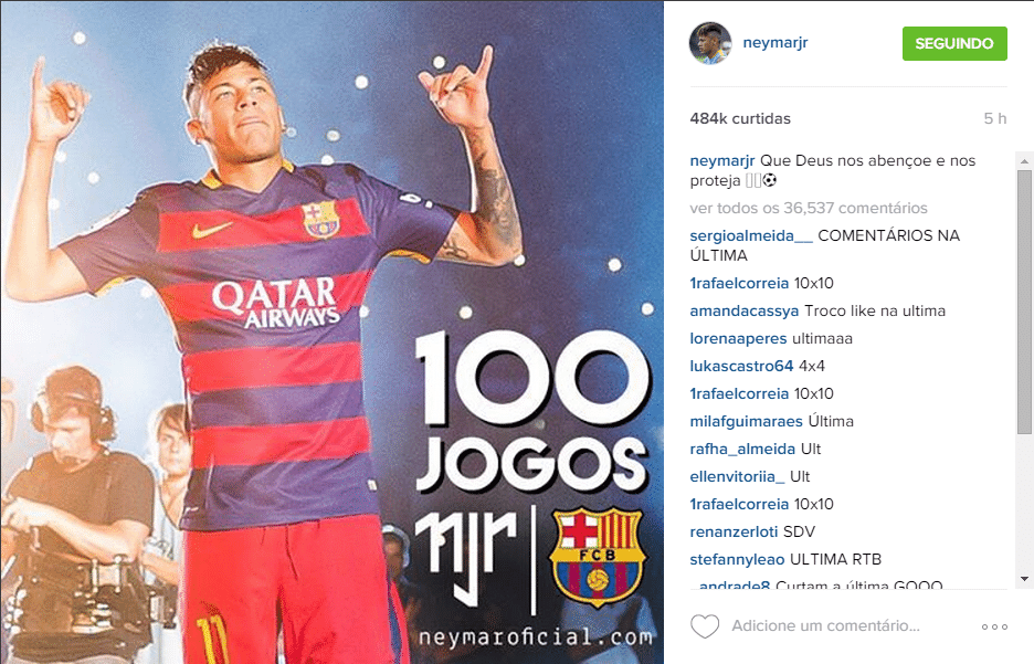 Neymar comemora 100 jogos pelo Barcelona no Instagram