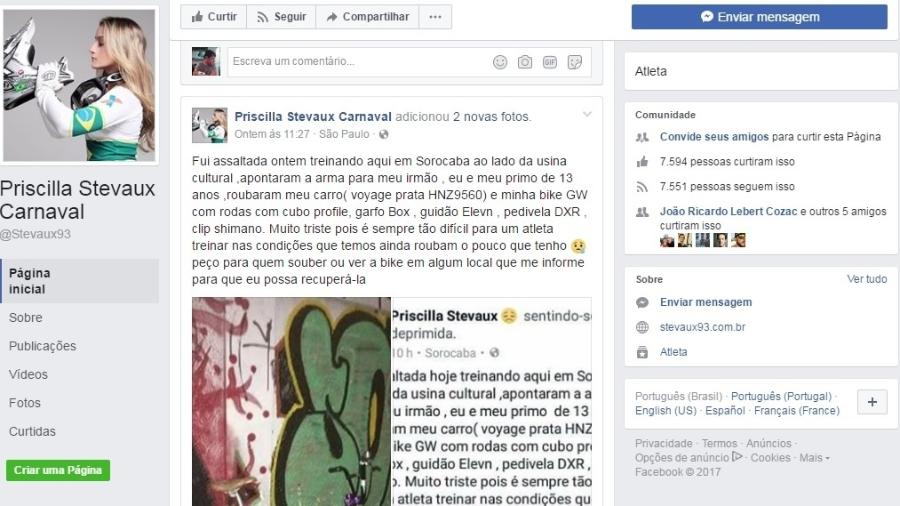 A atleta olímpica Priscilla Carnaval Stevaux teve a bicicleta roubada e fez um apelo nas redes sociais para recuperar o equipamento - Reprodução Facebook
