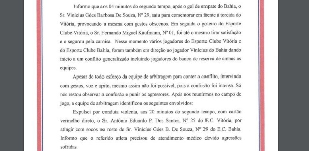 Súmula Vitória x Bahia 3 - Reprodução/Site oficial da FBF - Reprodução/Site oficial da FBF