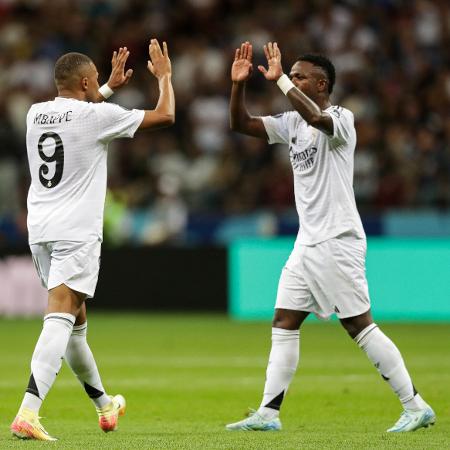 Mbappé e Vinicius Jr, do Real Madrid, conquistaram a Supercopa da Uefa sobre a Atalanta - Grzegorz Wajda/SOPA Images/LightRocket via Getty Images