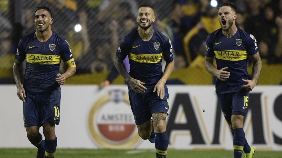 Jogadores do Boca Juniors comemoram após gol contra o Athletico Paranaense pela Libertadores - Juan Mabromata/AFP