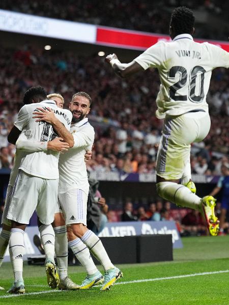 Jogadores do Real Madrid celebram gol de Valverde no clássico contra o Atlético de Madri - Angel Martinez/Getty Images