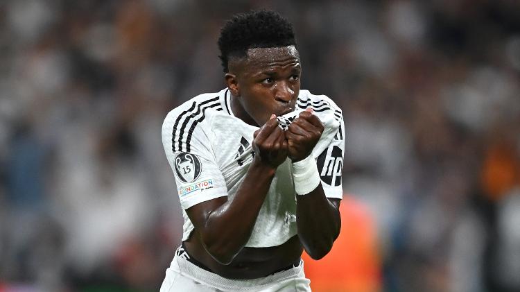 Vini Jr comemora gol marcado pelo Real Madrid contra o Borussia Dortmund pela Champions League Vini Jr comemora gol marcado pelo Real Madrid contra o Borussia Dortmund pela Champions League