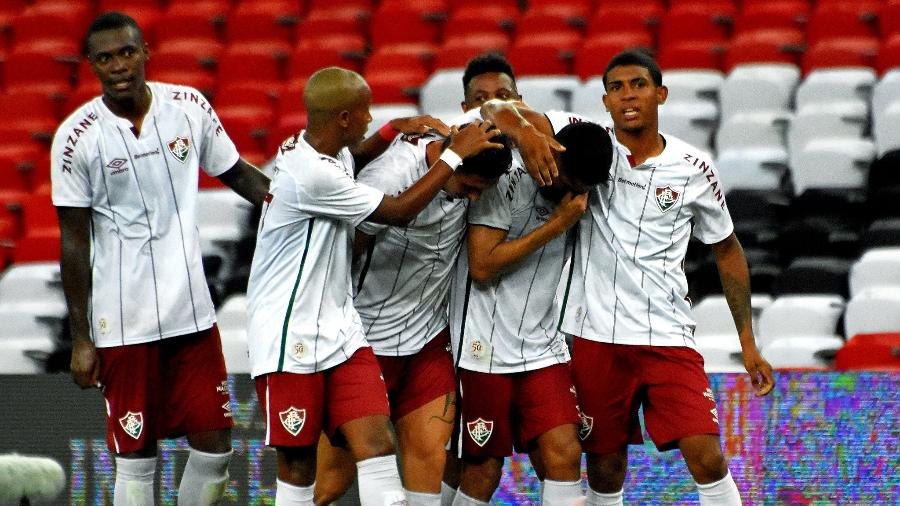 Jogadores do Fluminense celebram gol no clássico com o Flamengo, pela Taça Guanabara 2021 - Mailson Santana / Fluminense FC