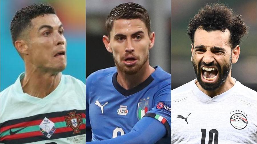 Cristiano Ronaldo, de Portugal; Jorginho, da Itália; e Salah, do Egito; dois deles correm risco de ficar fora da Copa do Mundo - Getty Images e AFP