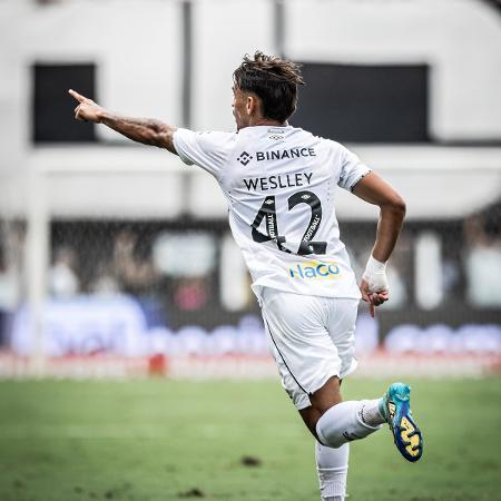 Weslley Patati comemora seu 1º gol pelo Santos na Vila Belmiro