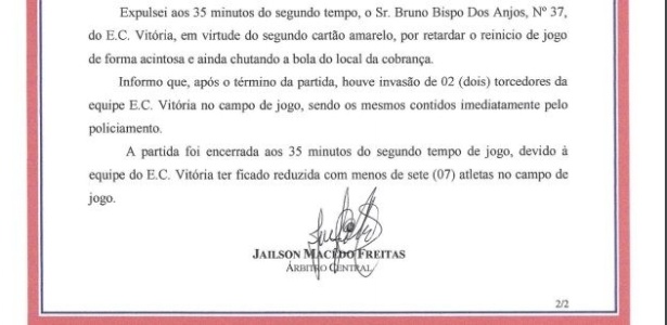 Súmula Vitória x Bahia 2 - Reprodução/Site oficial da FBF - Reprodução/Site oficial da FBF