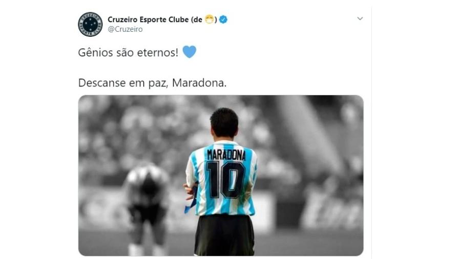 Em seu perfil no Twitter o Cruzeiro se despediu do eterno craque Maradona - Reprodução