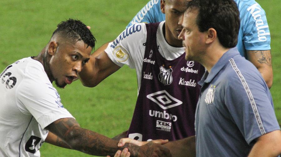 Marinho cumprimenta o técnico Fernando Diniz depois de marcar para o Santos contra o Ceará - Fernanda Luz/AGIF