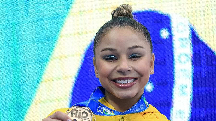 A ginasta Flávia Saraiva foi campeã da trava no Campeonato Pan-Americano realizado no Rio de Janeiro. Arena Carioca 1. 15/07/2022 - Ricardo Bufolin/Panamerica Press/CBG