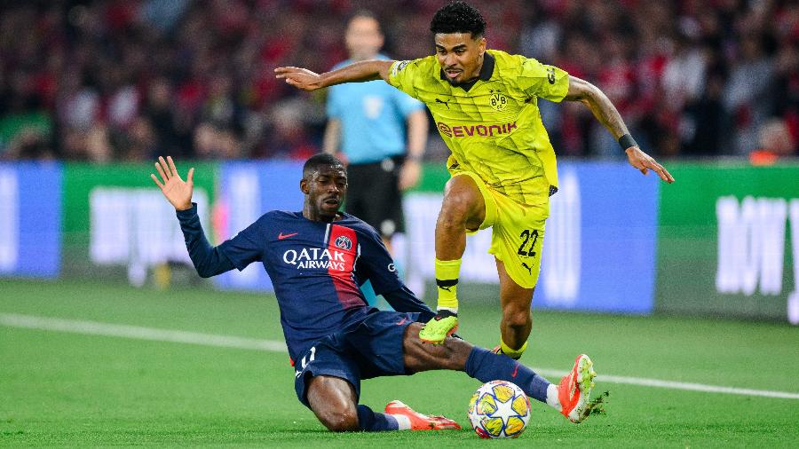 Ousmane Dembélé e Ian Maatsen em ação na semifinal da Liga dos Campeões