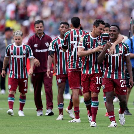 Jogadores do Fluminense celebram vitória sobre o Al-Hilal, no Mundial de Clubes