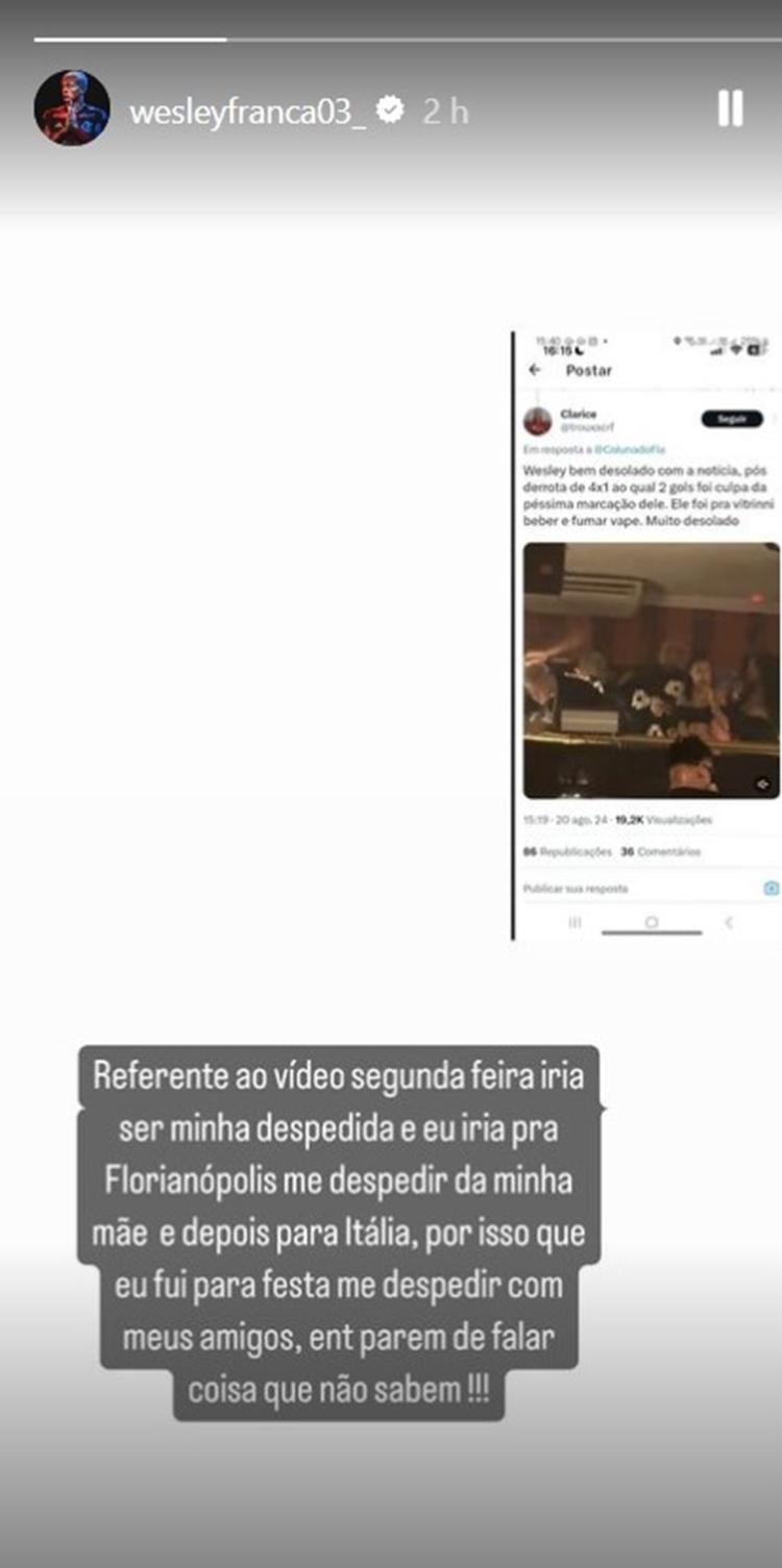 Wesley, do Flamengo, explica vídeo em festa em postagem feita no Instagram