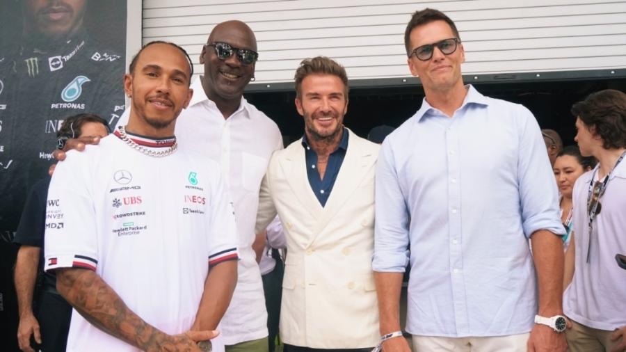 Lewis Hamilton, Michael Jordan, David Beckham e Tom Brady antes do GP de Miami, nos Estados Unidos - Reprodução