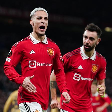 Antony comemora gol pelo United em partida contra o Barcelona na Liga Europa - Martin Rickett/PA Images via Getty Images