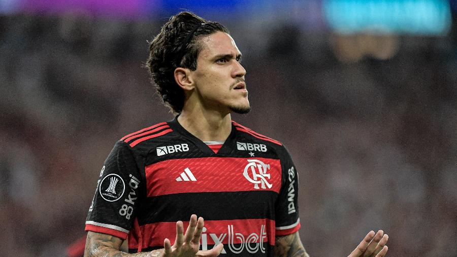 Pedro, atacante do Flamengo, comemora seu gol contra o Palestino, pela Libertadores