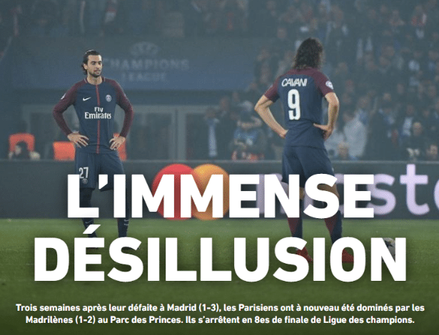 O jornal esportivo L"Equipe, da França, tratou a eliminação como "imensa desilusão" - reprodução