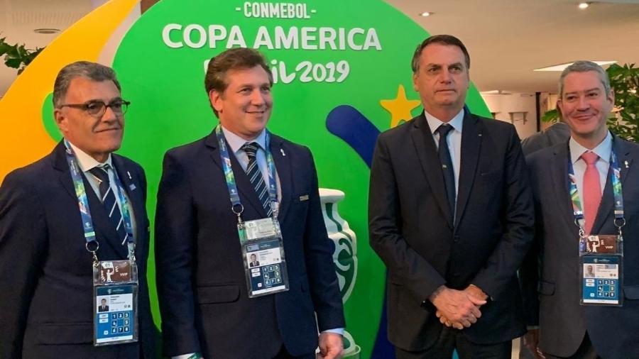 Fernando Sarney, Alejandro Dominguez, Jair Bolsonaro e Rogério Caboclo durante a Copa América de 2019, realizada no Brasil - Divulgação