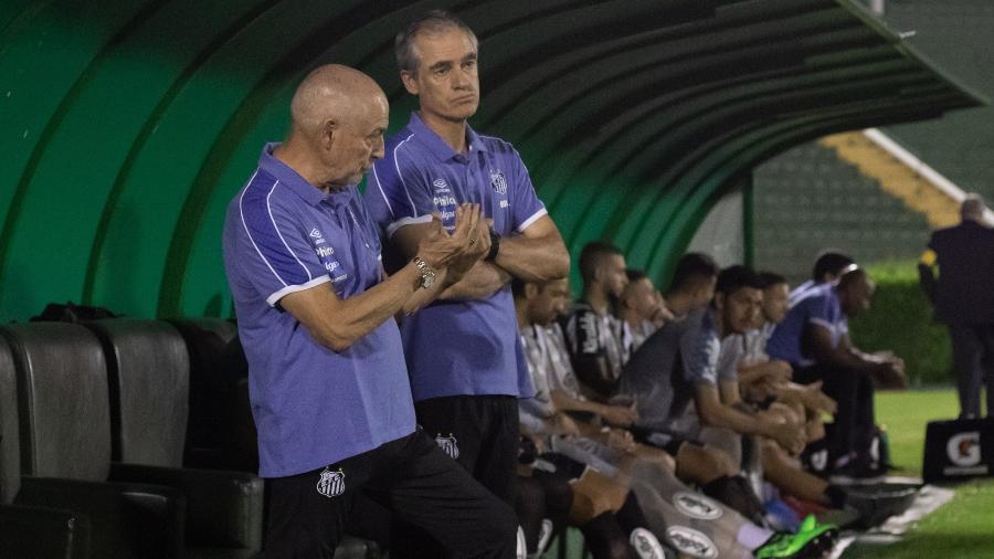 Jesualdo Ferreira e o auxiliar Rui Águas durante o jogo entre Guarani e Santos - Rebeca Reis/AGIF