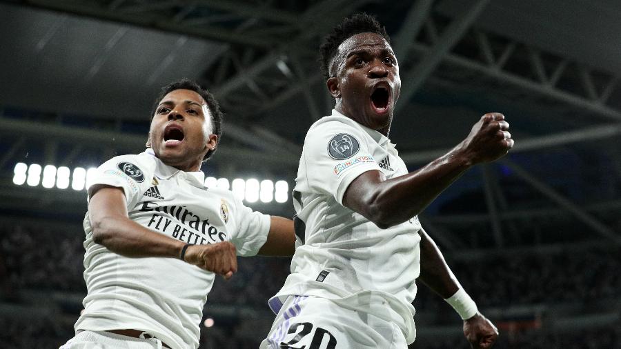 Vini Jr, do Real Madrid, comemora gol contra o Manchester City pela Liga dos Campeões - Gonzalo Arroyo - UEFA/UEFA via Getty Images