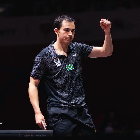 Hugo Calderano comemora vitória no Mundial de tênis de mesa Hugo Calderano comemora vitória no Mundial de tênis de mesa