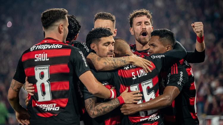 Jogadores do Flamengo comemoram gol de Arrascaeta sobre o Vitória no Maracanã