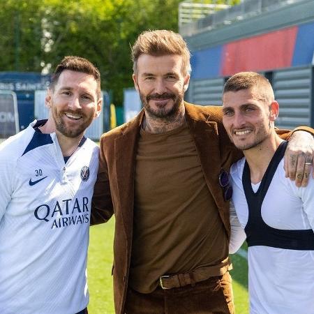 David Beckham visitou o PSG e tirou foto ao lado de Messi e Verratti - Reprodução/Instagram @davidbeckham