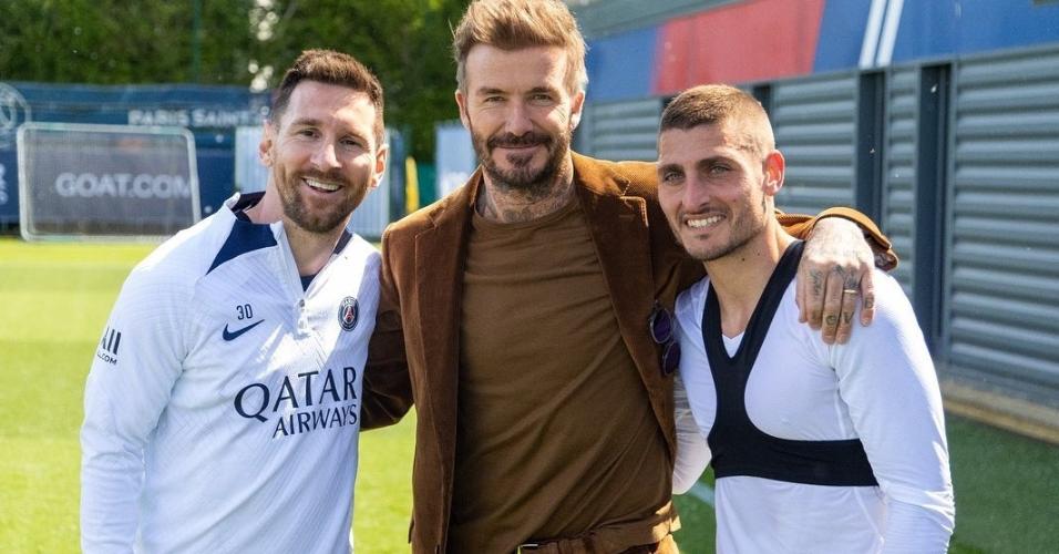 David Beckham visita PSG e tira foto ao lado de Messi e Verratti