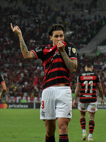 Pedro, do Flamengo, comemora seu gol contra o Palestino, na Libertadores