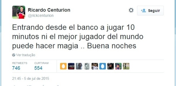 Centurión reclama por começar a partida contra o Fluminense no banco de reservas - Reprodução/Twitter