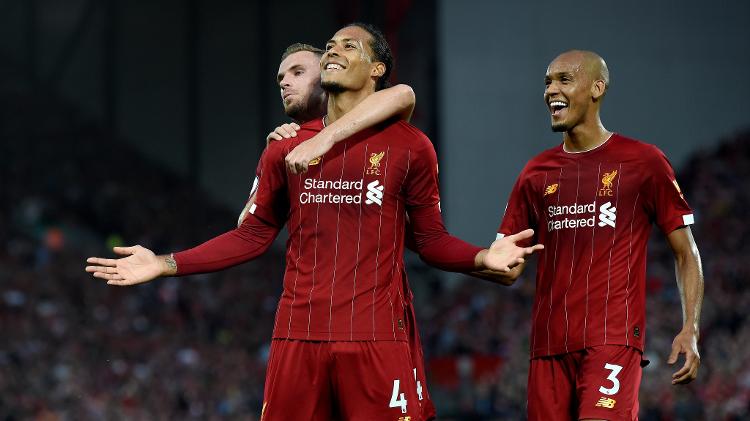 Virgil Van Dijk comemora gol marcado para o Liverpool contra o Norwich - John Powell/Liverpool FC via Getty Images - John Powell/Liverpool FC via Getty Images