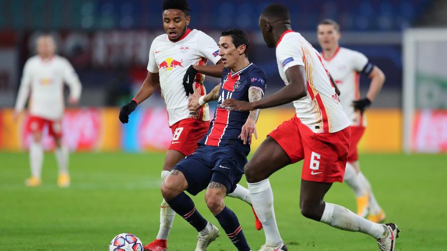 Di María durante a partida entre RB Leipzig e PSG, pela Liga dos Campeões - UEFA via Getty Images