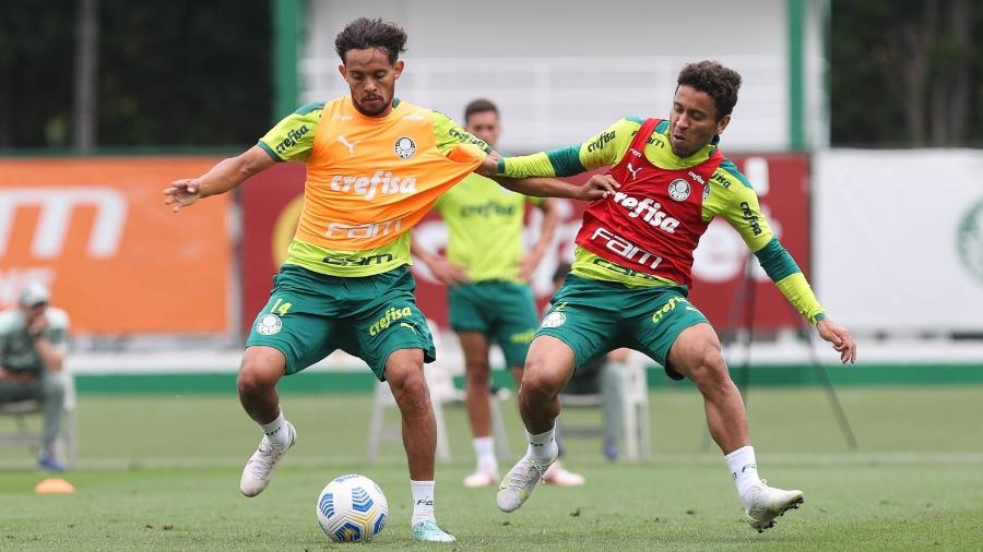 Gustavo Scarpa e Marcos Rocha, do Palmeiras, em treino na Academia de Futebol - Cesar Greco